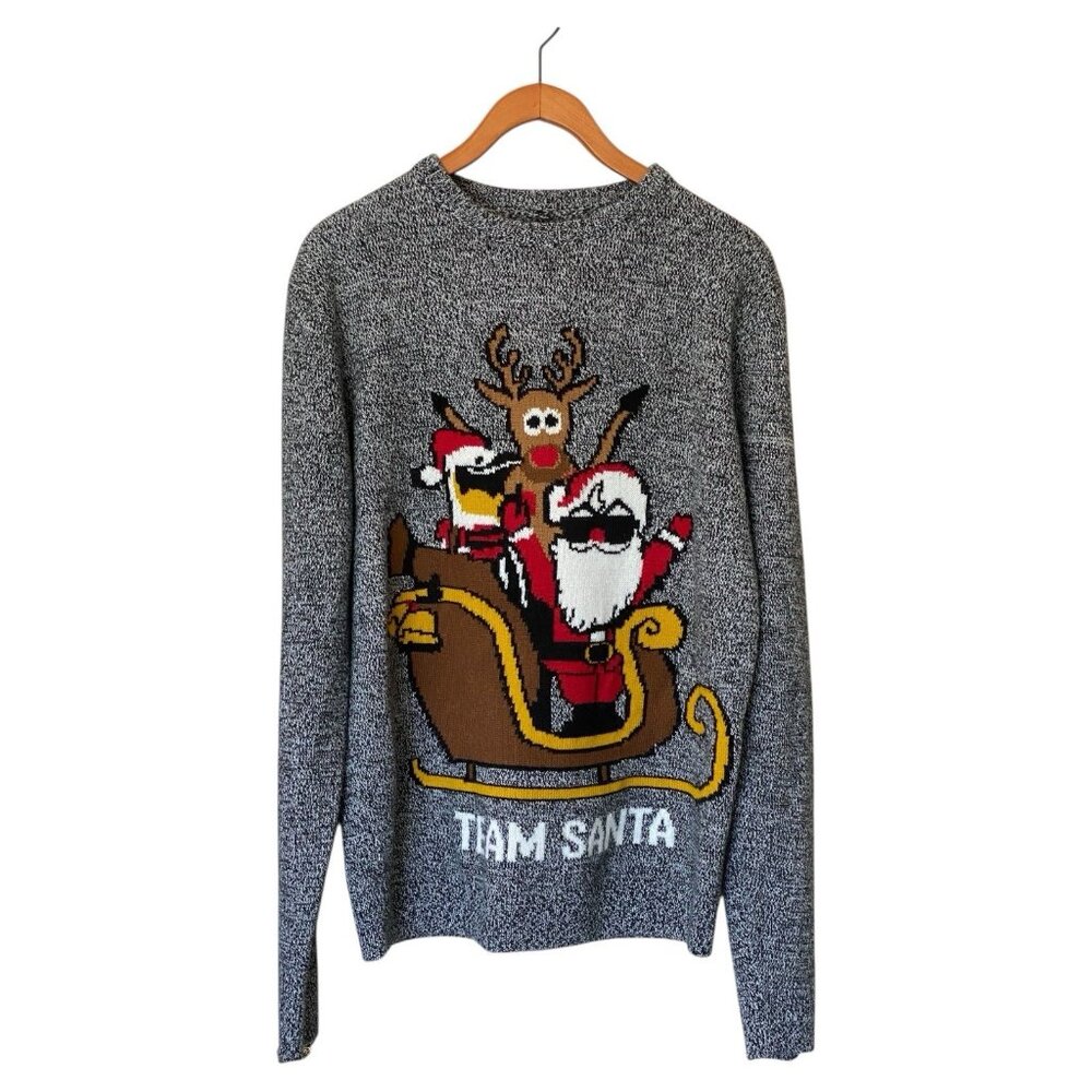Allen Oliver Gray Black Team Santa Ugly Christmas Sweater Men's L Rudolf Sleigh